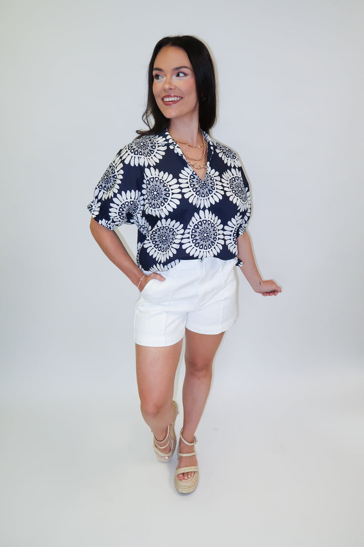 Bold Move Abstract Floral Stand Collar Blouse