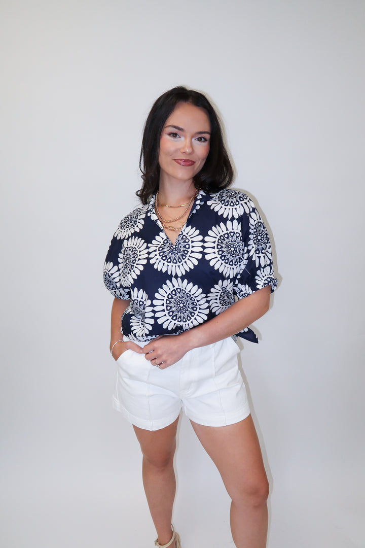 Bold Move Abstract Floral Stand Collar Blouse