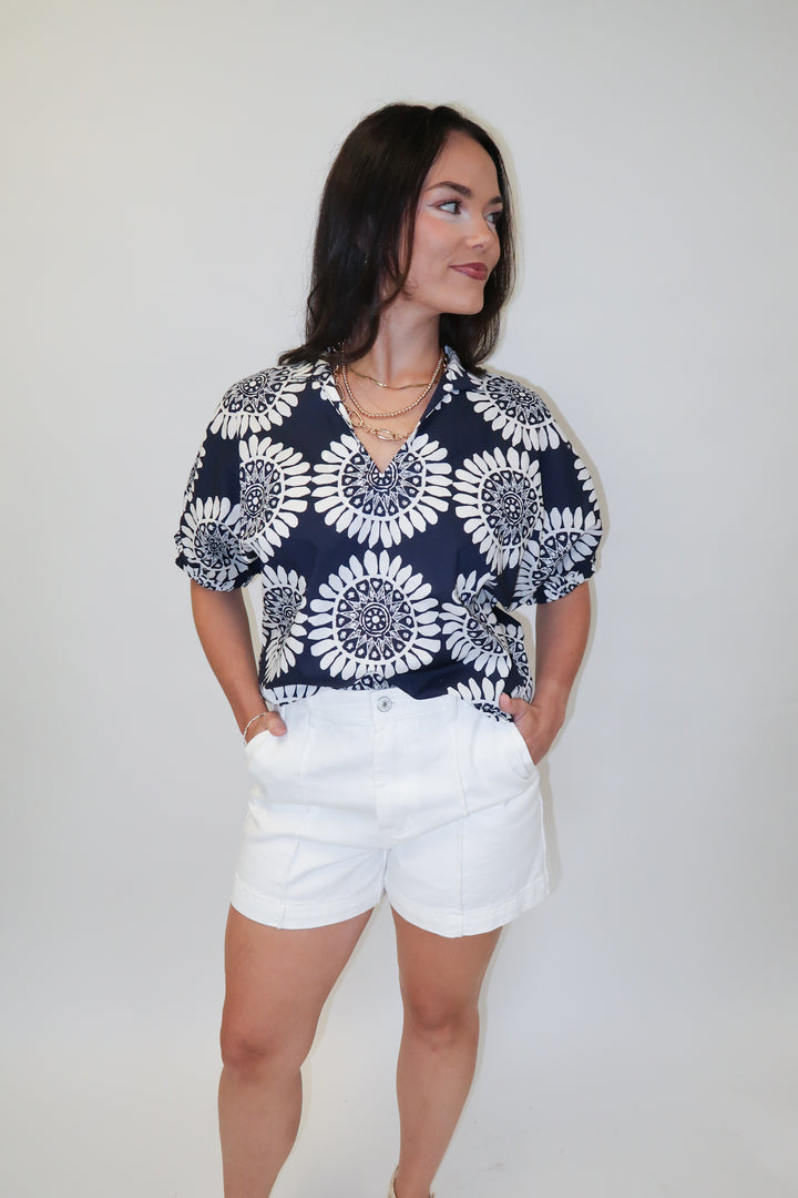 Bold Move Abstract Floral Stand Collar Blouse