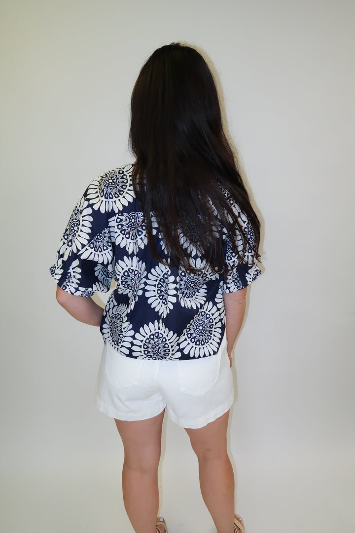 Bold Move Abstract Floral Stand Collar Blouse