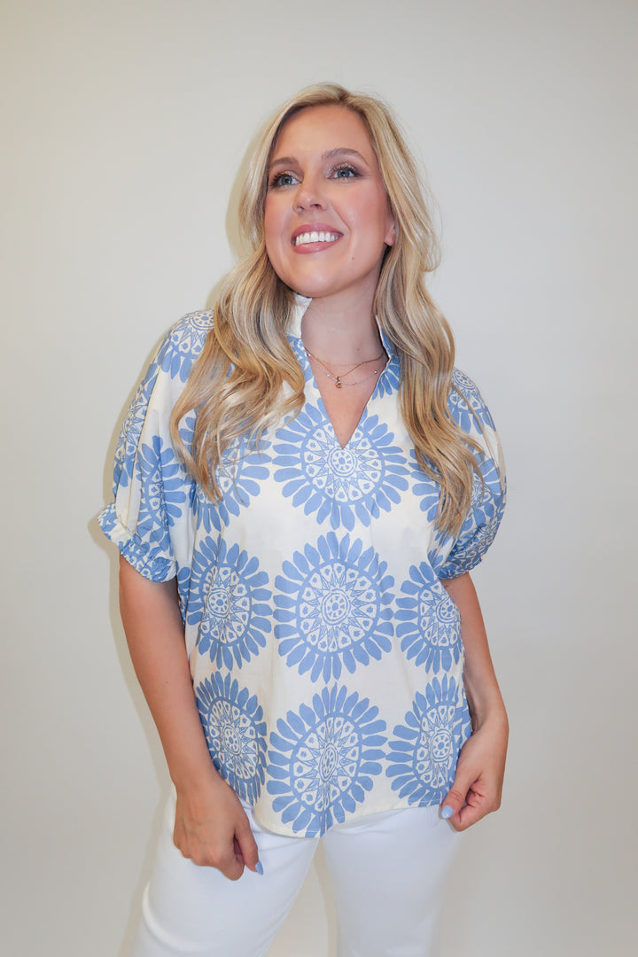 Bold Move Abstract Floral Stand Collar Blouse