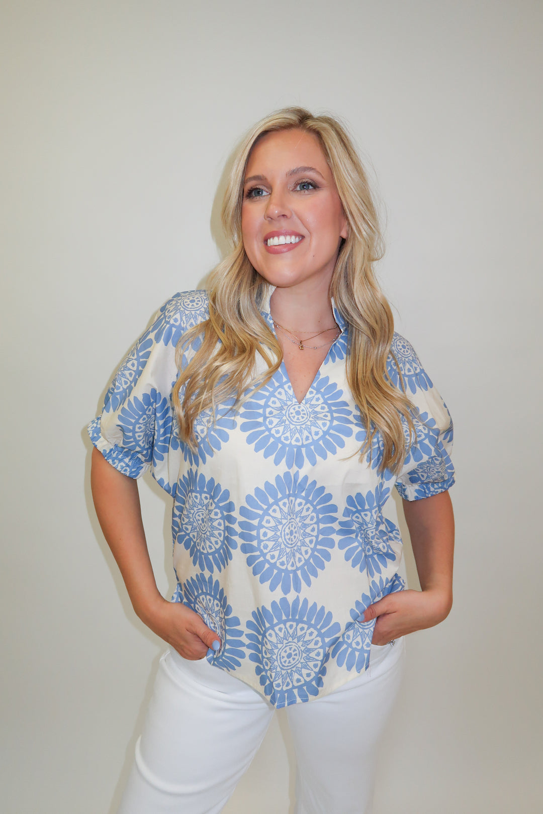 Bold Move Abstract Floral Stand Collar Blouse