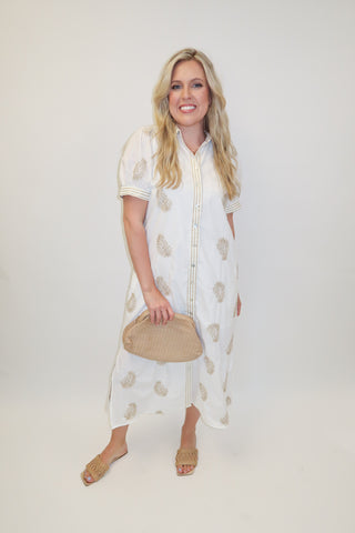 Morning Edit White Embroidered Stripe Button Front Midi Dress - The Pink Tulip Clothing