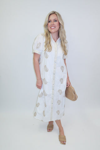 Morning Edit White Embroidered Stripe Button Front Midi Dress - The Pink Tulip Clothing