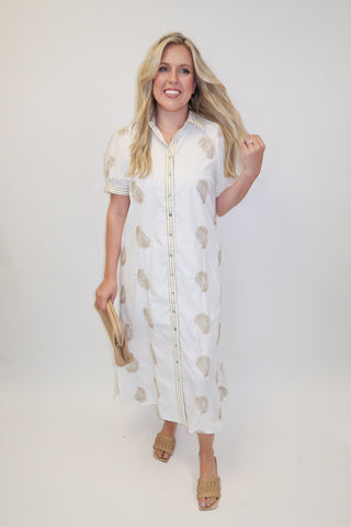 Morning Edit White Embroidered Stripe Button Front Midi Dress - The Pink Tulip Clothing
