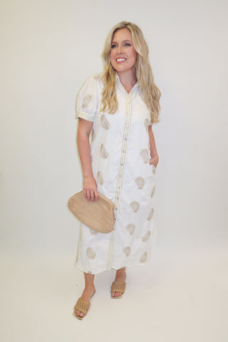 Morning Edit White Embroidered Stripe Button Front Midi Dress - The Pink Tulip Clothing