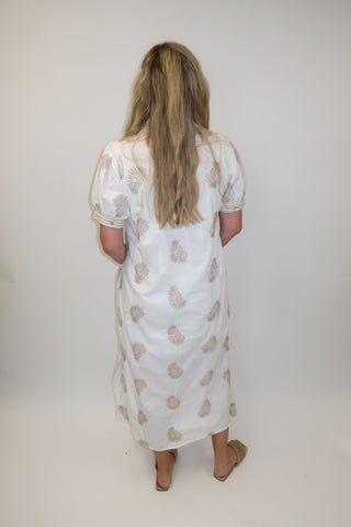 Morning Edit White Embroidered Stripe Button Front Midi Dress - The Pink Tulip Clothing