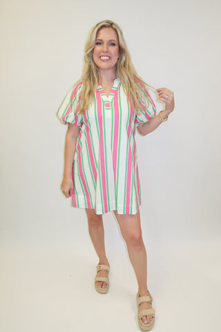 Garden Party Pink and Green Stripe Puff Sleeve Dress CREAMGREEN / Small Garden Party Pink and Green Stripe Puff Sleeve Dress CREAMGREEN / Small
