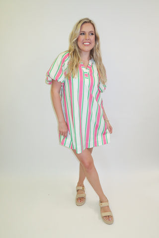 Garden Party Pink and Green Stripe Puff Sleeve Dress - The Pink Tulip Clothing
