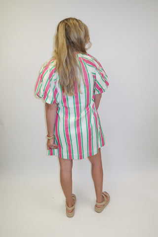 Garden Party Pink and Green Stripe Puff Sleeve Dress - The Pink Tulip Clothing
