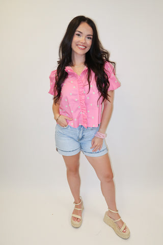 Coffee Date Polka Dot Ruffle Front Blouse - The Pink Tulip Clothing