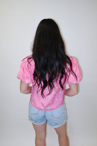 Coffee Date Polka Dot Ruffle Front Blouse - The Pink Tulip Clothing