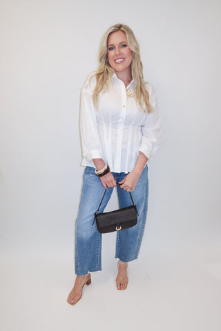 Clean Slate White Button Front Darted Waist Blouse - The Pink Tulip Clothing