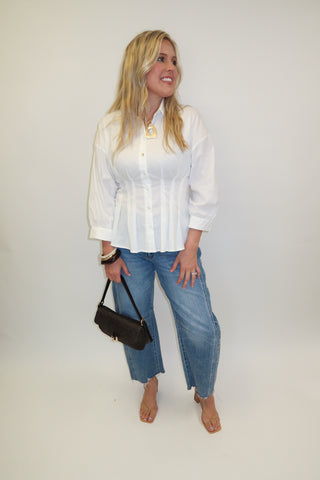 Clean Slate White Button Front Darted Waist Blouse - The Pink Tulip Clothing