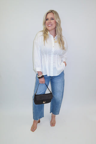 Clean Slate White Button Front Darted Waist Blouse - The Pink Tulip Clothing