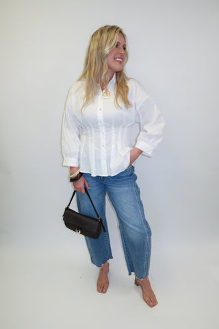 Clean Slate White Button Front Darted Waist Blouse - The Pink Tulip Clothing