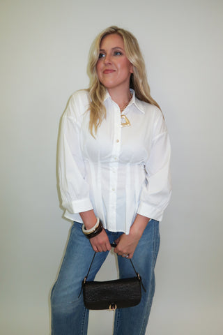 Clean Slate White Button Front Darted Waist Blouse - The Pink Tulip Clothing