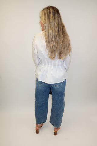 Clean Slate White Button Front Darted Waist Blouse - The Pink Tulip Clothing