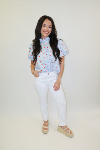 Coffee Date Polka Dot Ruffle Front Blouse - The Pink Tulip Clothing