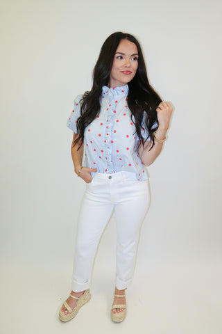 Coffee Date Polka Dot Ruffle Front Blouse - The Pink Tulip Clothing