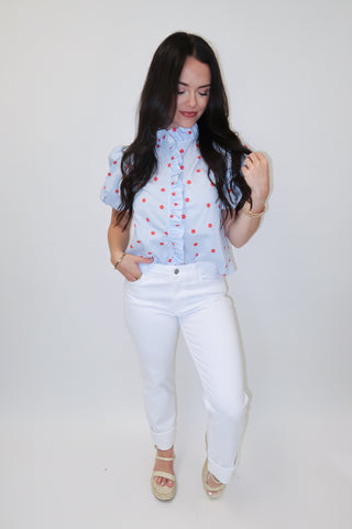 Coffee Date Polka Dot Ruffle Front Blouse - The Pink Tulip Clothing