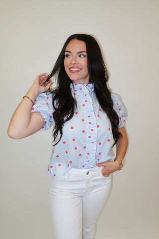 Coffee Date Polka Dot Ruffle Front Blouse - The Pink Tulip Clothing