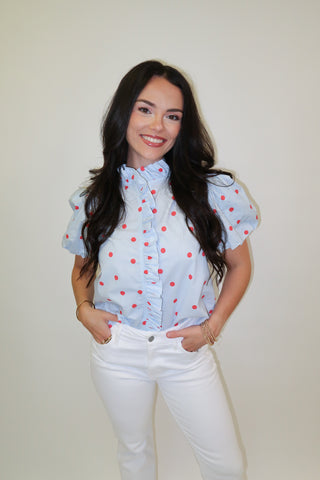 Coffee Date Polka Dot Ruffle Front Blouse - The Pink Tulip Clothing