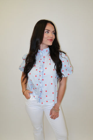 Coffee Date Polka Dot Ruffle Front Blouse - The Pink Tulip Clothing
