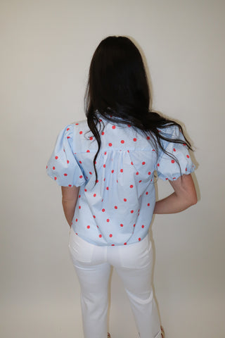Coffee Date Polka Dot Ruffle Front Blouse - The Pink Tulip Clothing