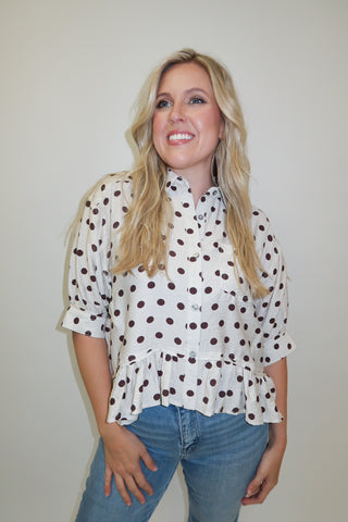 Mocha Mood Brown Polka Dot Ruffle Hem Blouse - The Pink Tulip Clothing
