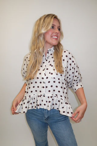 Mocha Mood Brown Polka Dot Ruffle Hem Blouse - The Pink Tulip Clothing