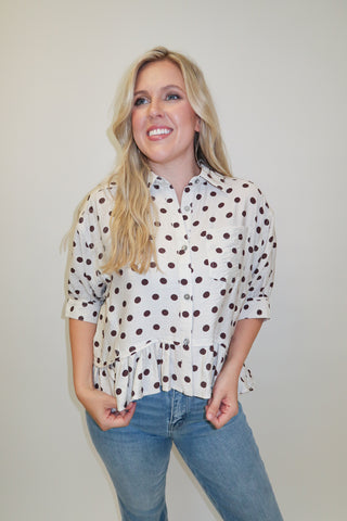 Mocha Mood Brown Polka Dot Ruffle Hem Blouse - The Pink Tulip Clothing