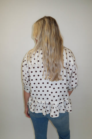 Mocha Mood Brown Polka Dot Ruffle Hem Blouse - The Pink Tulip Clothing