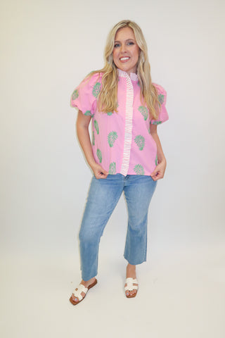 Sweet Talk Pink Embroidered Stripe Puff Sleeve Top - The Pink Tulip Clothing