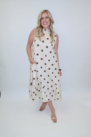 Freshly Spotted Sleeveless Polka Dot Tie Neck Midi Dress - The Pink Tulip Clothing