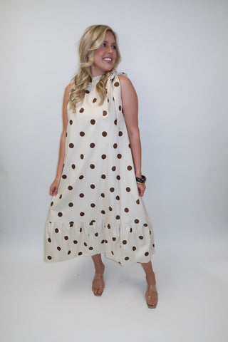 Freshly Spotted Sleeveless Polka Dot Tie Neck Midi Dress - The Pink Tulip Clothing