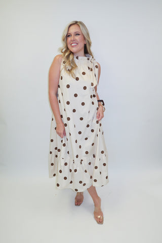 Freshly Spotted Sleeveless Polka Dot Tie Neck Midi Dress - The Pink Tulip Clothing