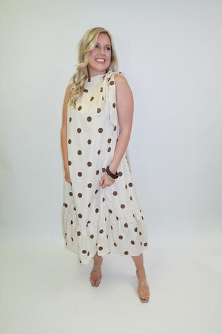 Freshly Spotted Sleeveless Polka Dot Tie Neck Midi Dress - The Pink Tulip Clothing