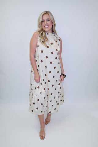 Freshly Spotted Sleeveless Polka Dot Tie Neck Midi Dress - The Pink Tulip Clothing
