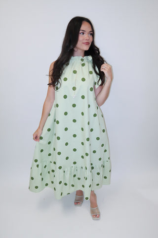 Freshly Spotted Sleeveless Polka Dot Tie Neck Midi Dress - The Pink Tulip Clothing
