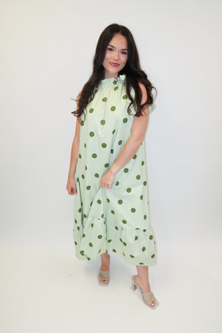 Freshly Spotted Sleeveless Polka Dot Tie Neck Midi Dress - The Pink Tulip Clothing