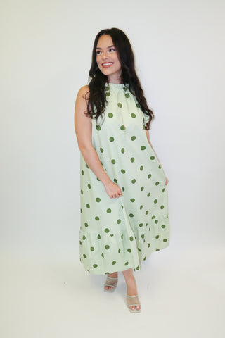 Freshly Spotted Sleeveless Polka Dot Tie Neck Midi Dress - The Pink Tulip Clothing