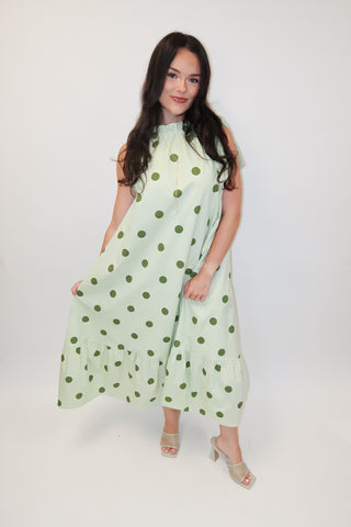 Freshly Spotted Sleeveless Polka Dot Tie Neck Midi Dress - The Pink Tulip Clothing