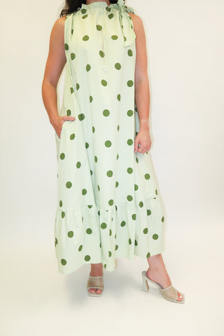 Freshly Spotted Sleeveless Polka Dot Tie Neck Midi Dress - The Pink Tulip Clothing