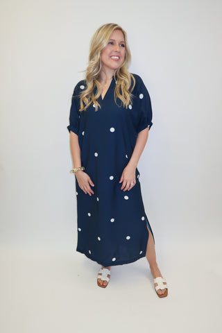 City Stroll Navy Polka Dot Collar Dress - The Pink Tulip Clothing
