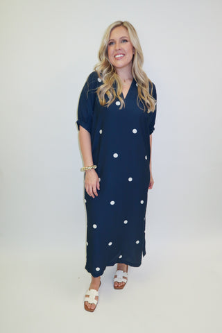 City Stroll Navy Polka Dot Collar Dress - The Pink Tulip Clothing