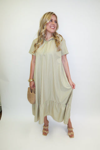 Palm Springs Pink and Green Stripe Ruffle Hem Midi Dress - The Pink Tulip Clothing
