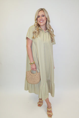 Palm Springs Pink and Green Stripe Ruffle Hem Midi Dress