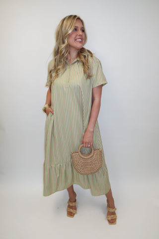 Palm Springs Pink and Green Stripe Ruffle Hem Midi Dress - The Pink Tulip Clothing