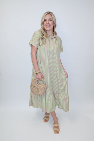 Palm Springs Pink and Green Stripe Ruffle Hem Midi Dress - The Pink Tulip Clothing